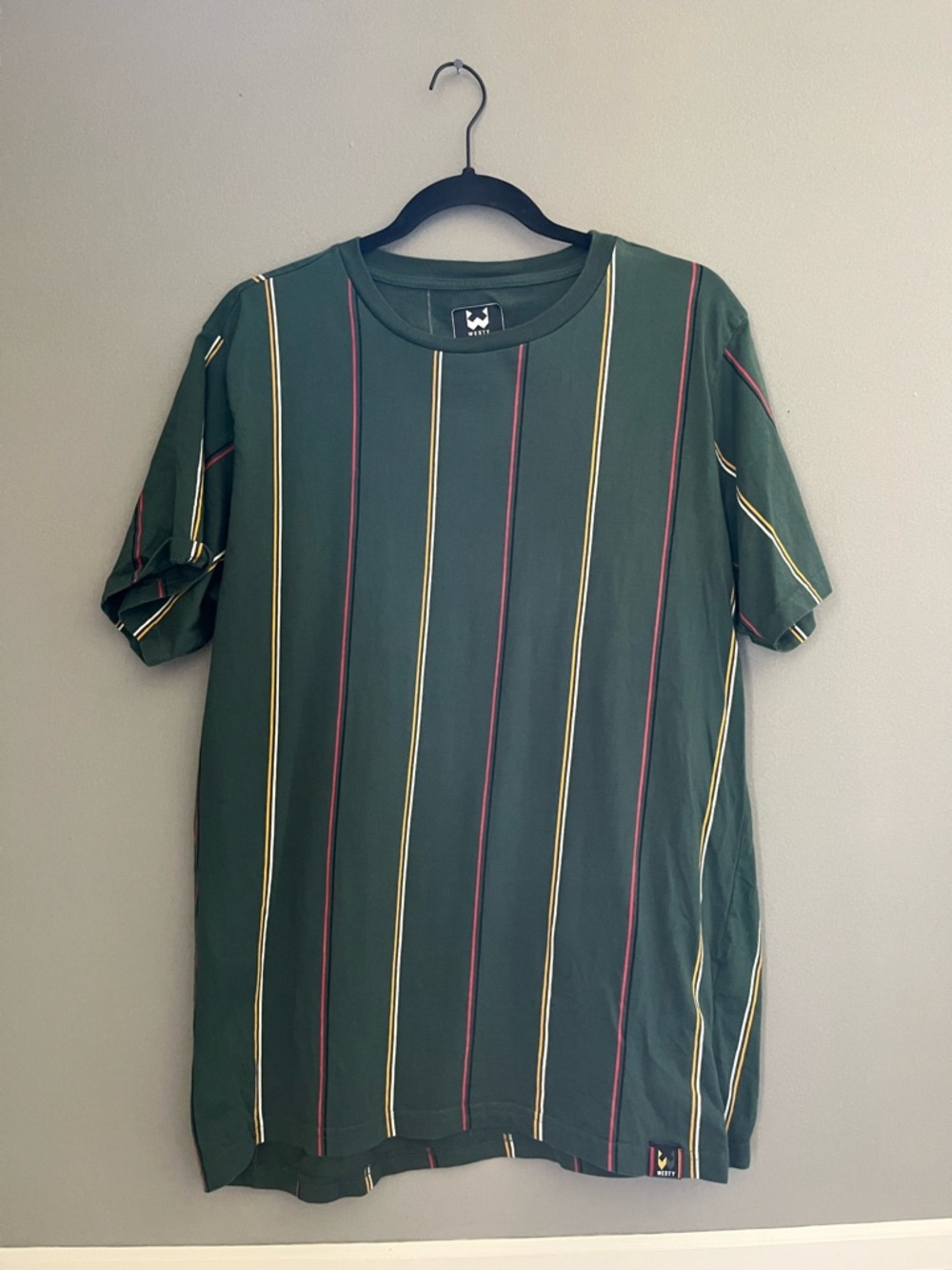 Westy MFG Co. Men's Green Vertical-Stripe Multi Color Crew Neck Tee Shirt Large